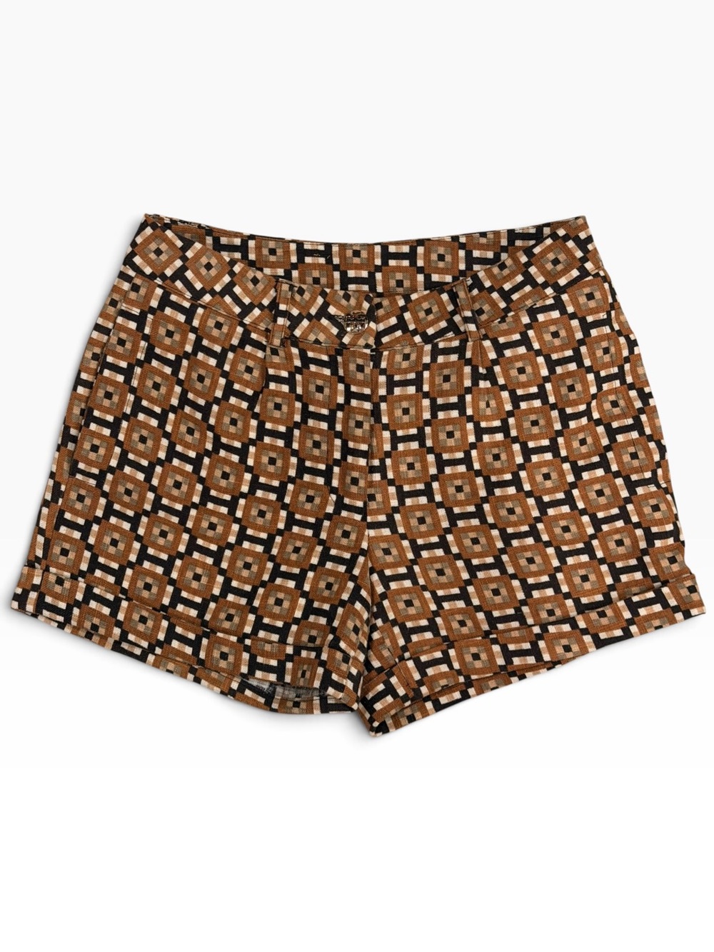 Tory Burch Geometric Print Linen Cotton Tailored Shorts Brown Black Size 6